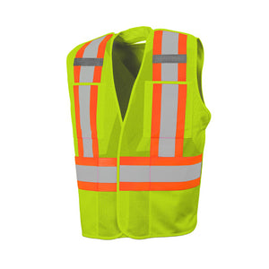 Solid Front/Mesh Back Safety Vest with Zipper (8 Pockets) , Lime Green