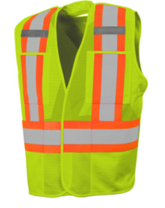 5 Pt. Tearaway Solid Traffic Vest, 4" Refl. Tape, 4 Pockets, Lime Green